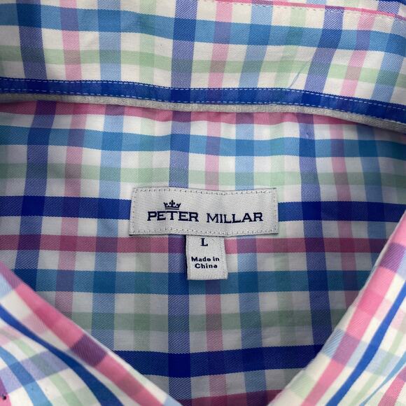Peter Millar Large Blue Pink Green‎ Check Silk Blend Long Sleeve Button Up Shirt - Picture 2 of 5